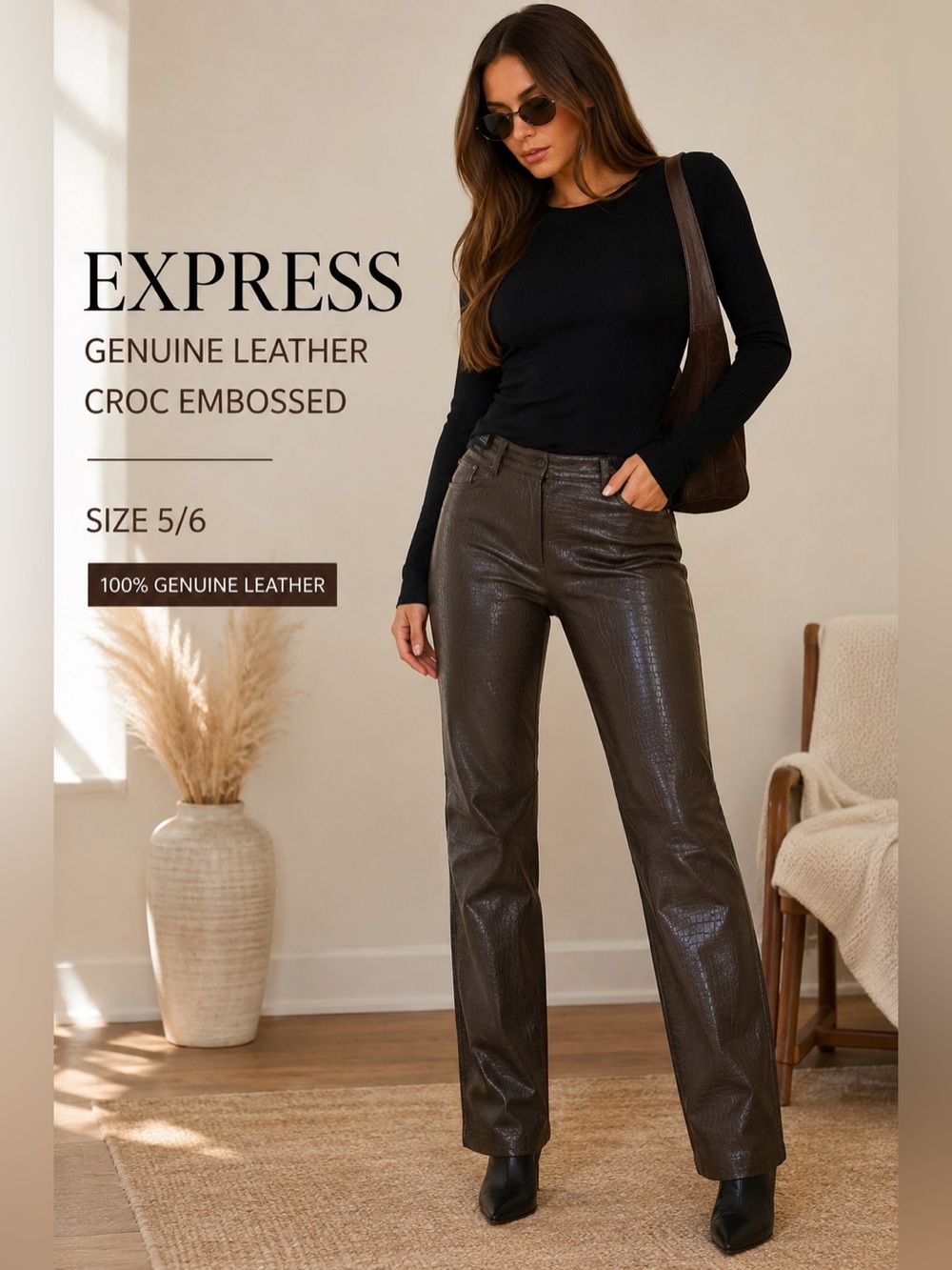 Express Genuine Leather Croc Embossed Brown Pants Size 5/6 Vintage Y2K